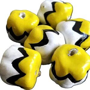 6 handpainted BEADS yellow white black papier mache lot last set!